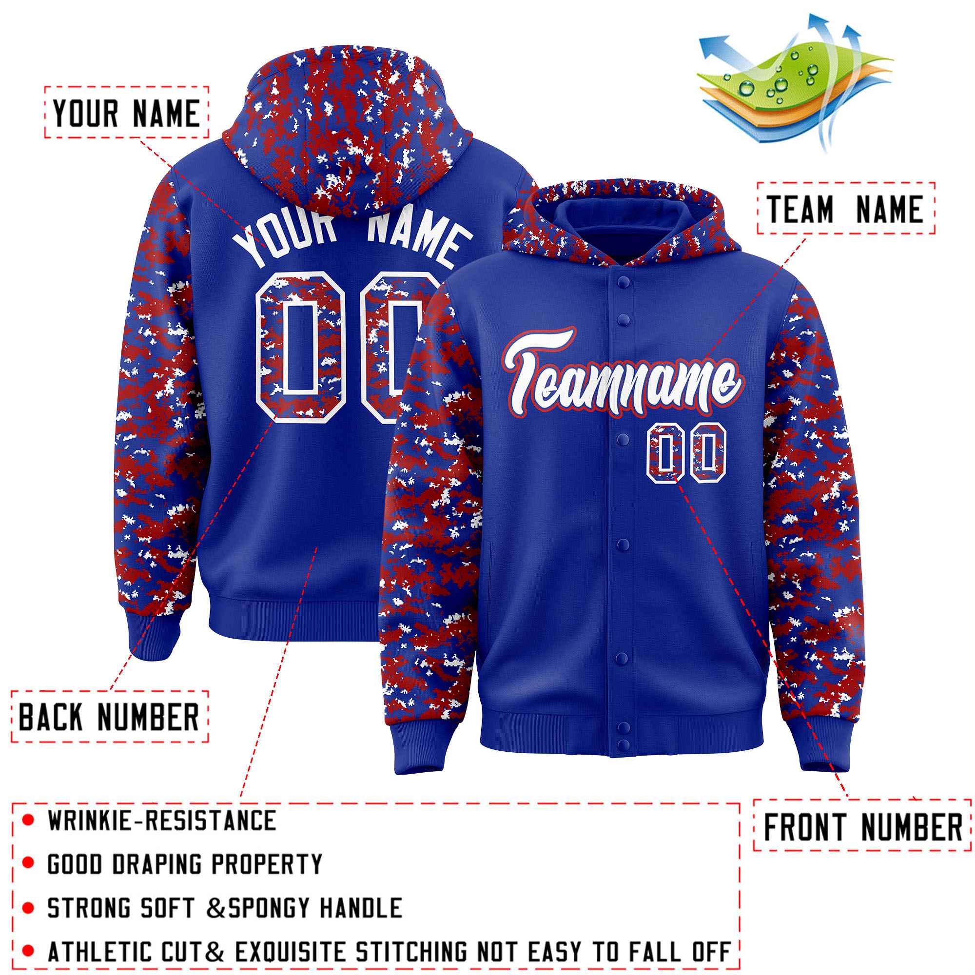 Custom Royal Red-White Raglan Sleeves Varsity Full-Snap Letterman Camo Hoodie Jacket