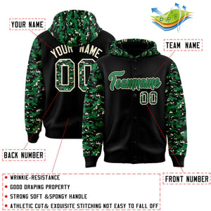 Custom Black Kelly Green-Cream Raglan Sleeves Varsity Full-Snap Letterman Camo Hoodie Jacket