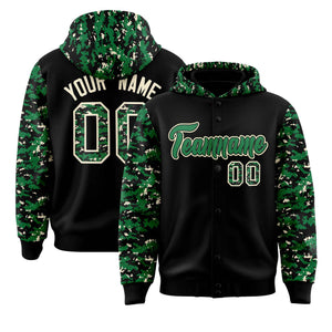 Custom Black Kelly Green-Cream Raglan Sleeves Varsity Full-Snap Letterman Camo Hoodie Jacket