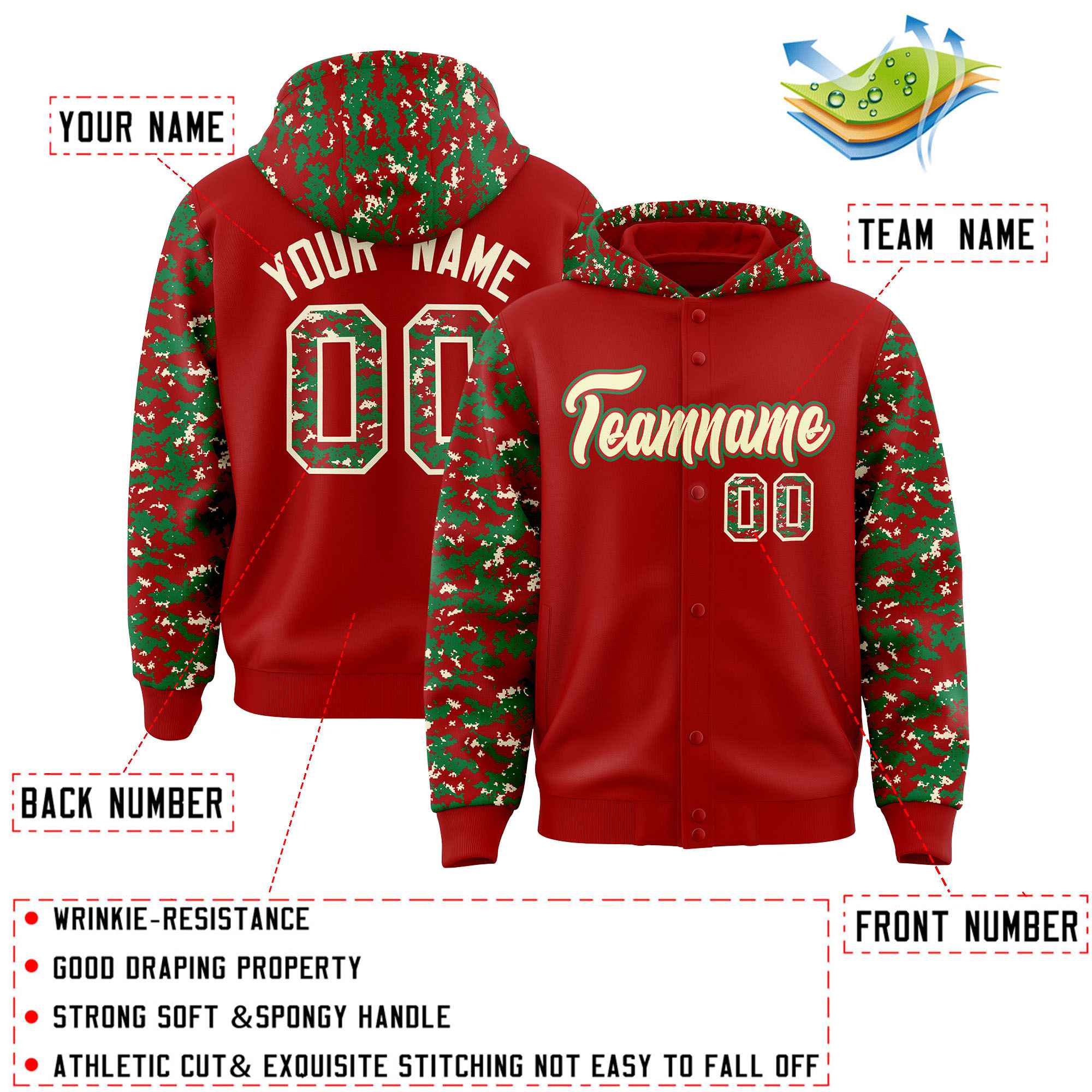 Custom Red Kelly Green-Cream Raglan Sleeves Varsity Full-Snap Letterman Camo Hoodie Jacket