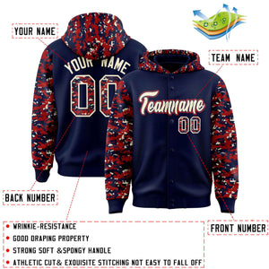 Custom Navy Red-Cream Raglan Sleeves Varsity Full-Snap Letterman Camo Hoodie Jacket