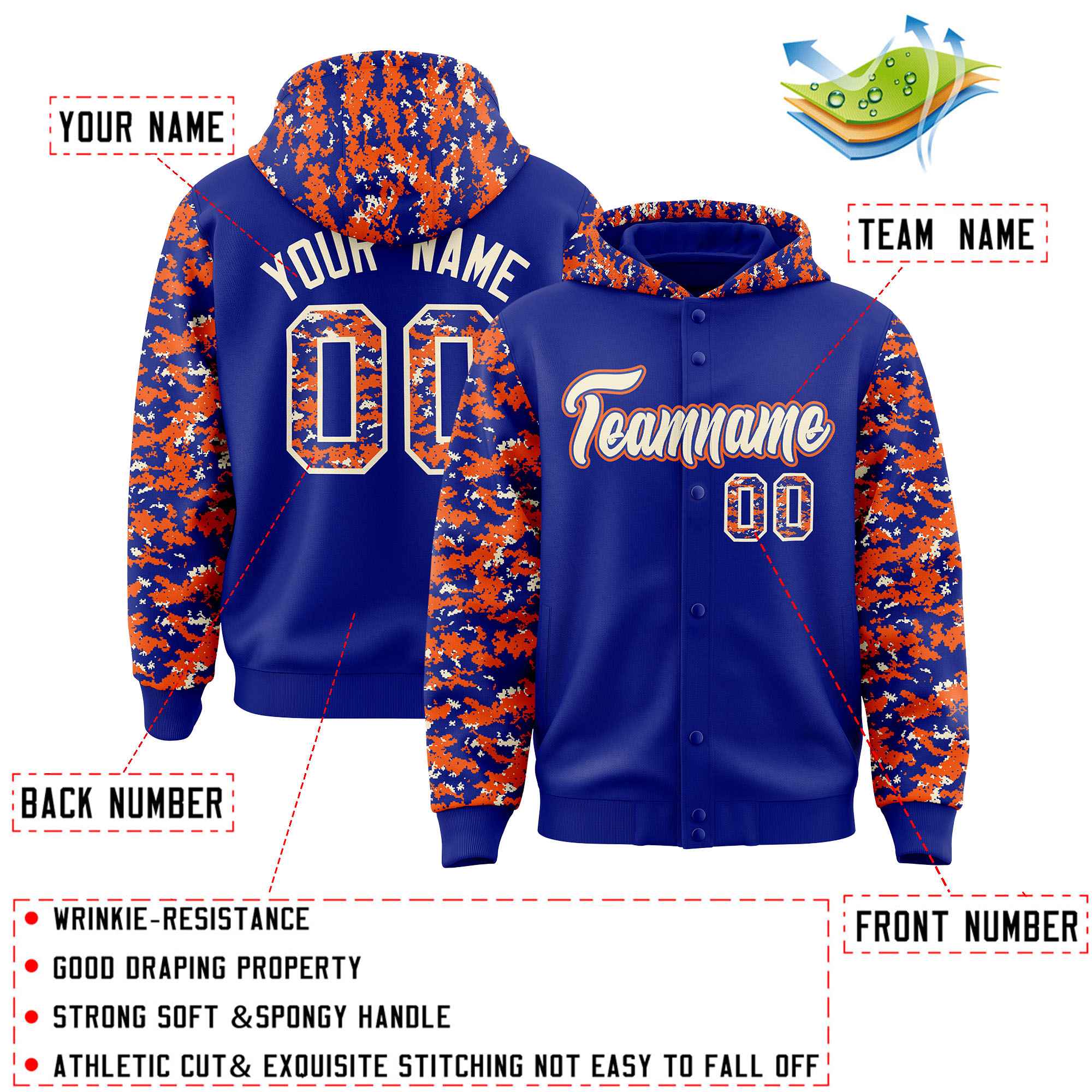 Custom Royal Orange-Cream Raglan Sleeves Varsity Full-Snap Letterman Camo Hoodie Jacket