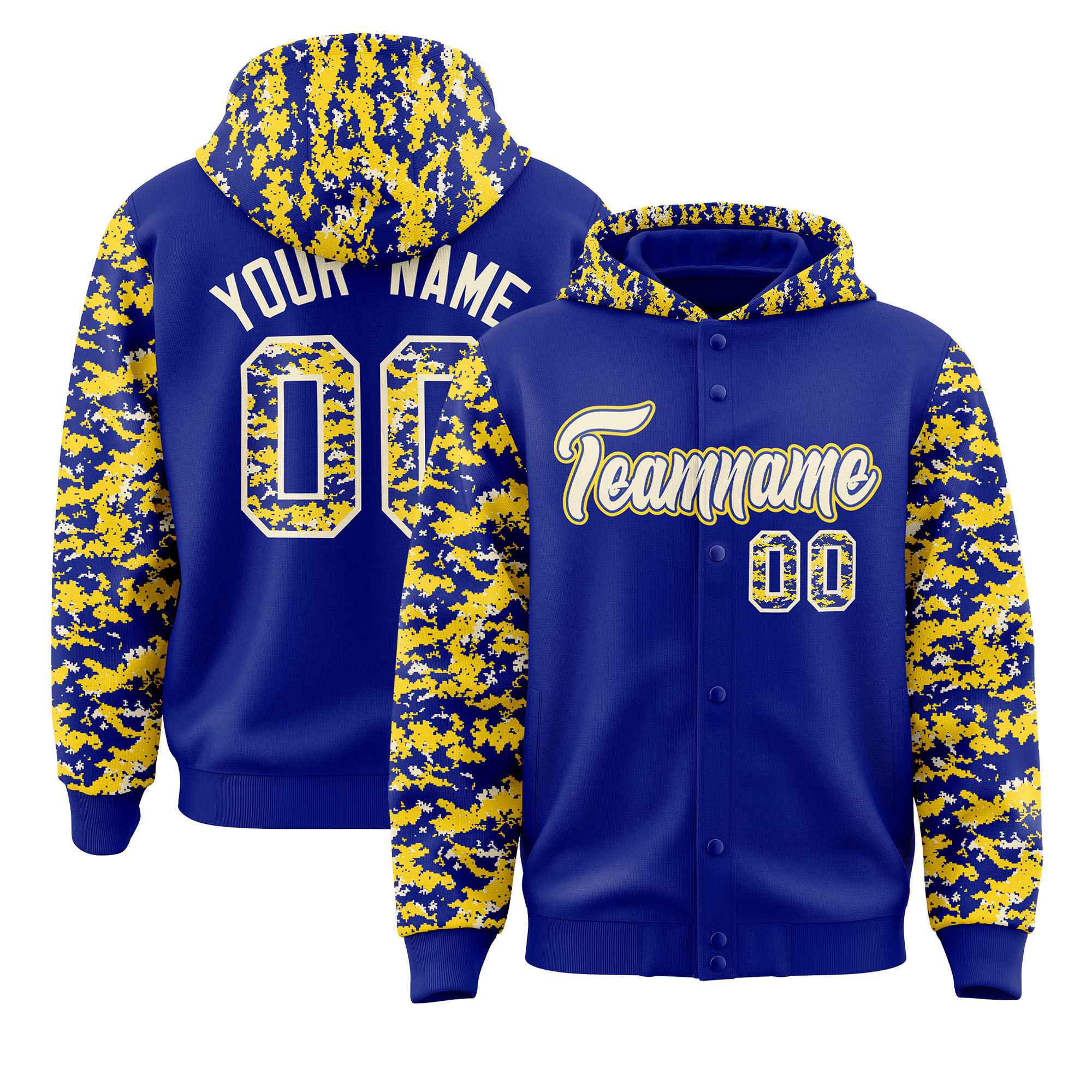 Custom Royal Gold-Cream Raglan Sleeves Varsity Full-Snap Letterman Camo Hoodie Jacket