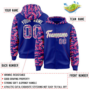 Custom Royal Pink-Cream Raglan Sleeves Varsity Full-Snap Letterman Camo Hoodie Jacket