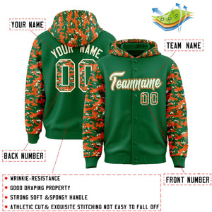 Custom Kelly Green Orange-Cream Raglan Sleeves Varsity Full-Snap Letterman Camo Hoodie Jacket