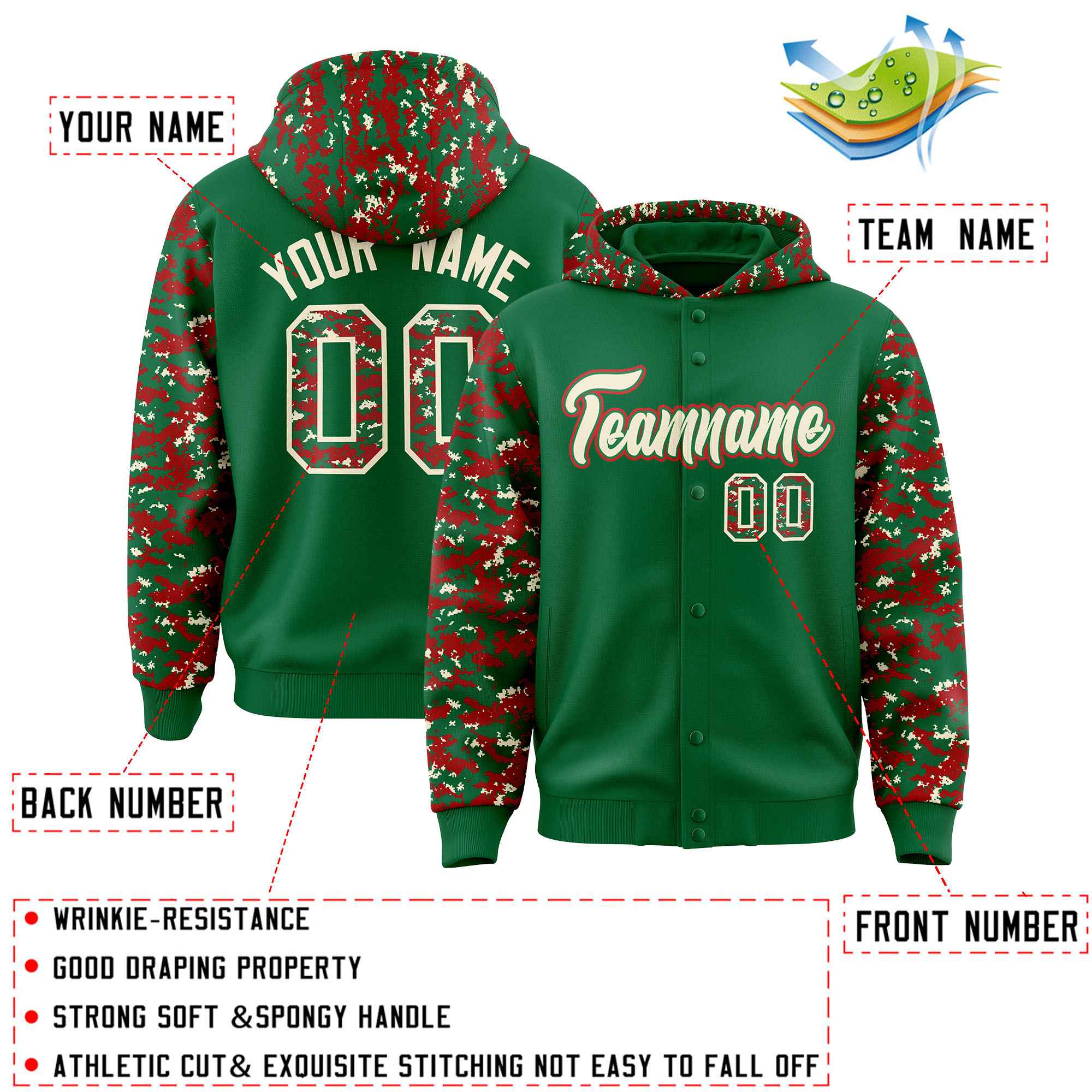 Custom Kelly Green Red-Cream Raglan Sleeves Varsity Full-Snap Letterman Camo Hoodie Jacket