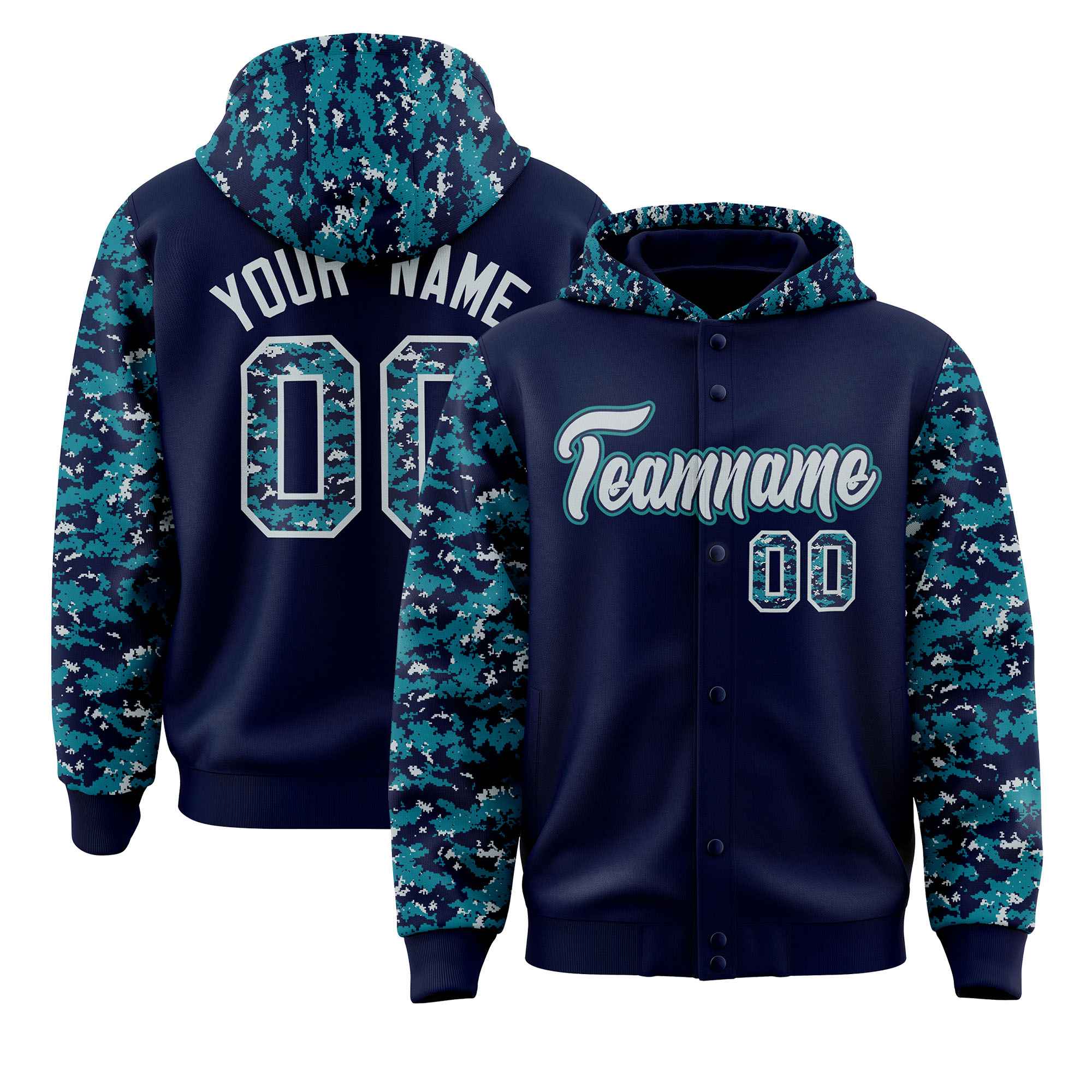 Custom Navy Aqua-Silver Raglan Sleeves Varsity Full-Snap Letterman Camo Hoodie Jacket