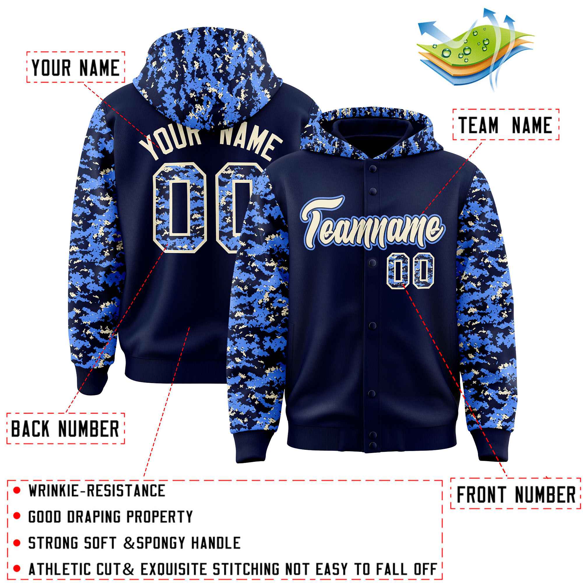 Custom Navy Powder Blue-Cream Raglan Sleeves Varsity Full-Snap Letterman Camo Hoodie Jacket