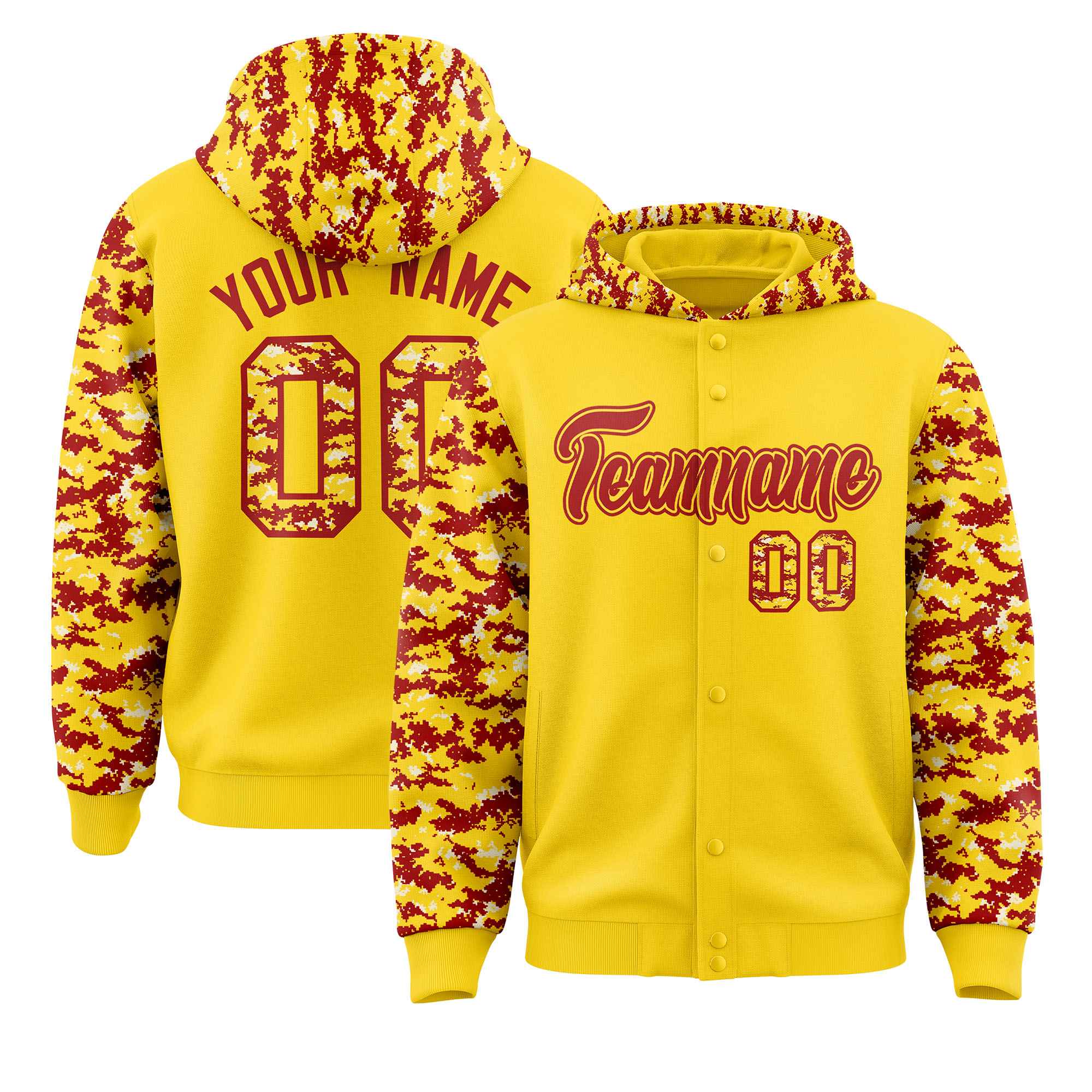 Custom Gold Red-Cream Raglan Sleeves Varsity Full-Snap Letterman Camo Hoodie Jacket