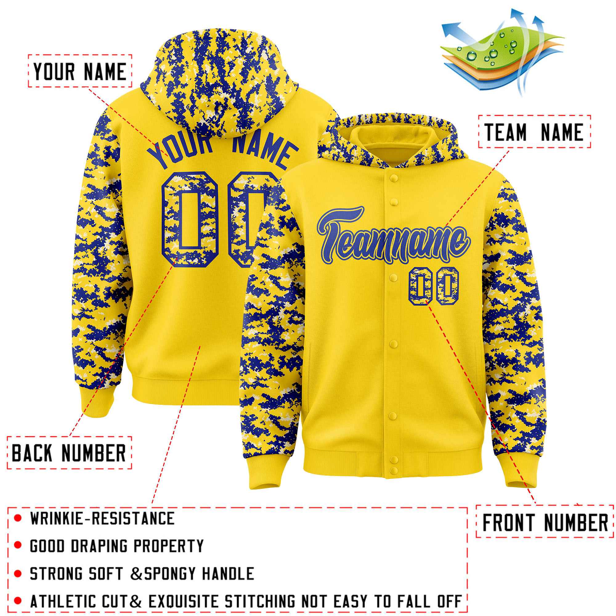 Custom Gold Royal-Cream Raglan Sleeves Varsity Full-Snap Letterman Camo Hoodie Jacket