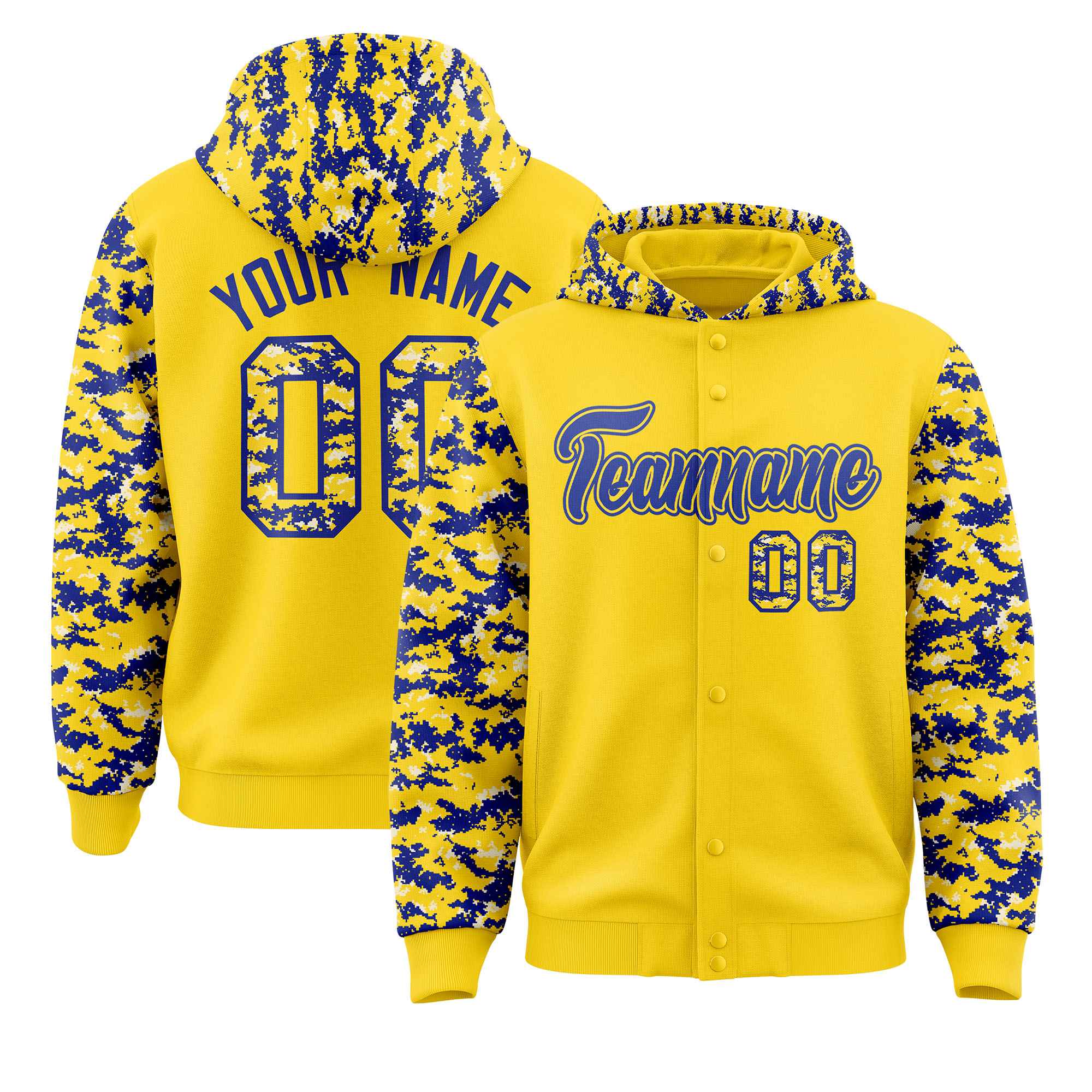 Custom Gold Royal-Cream Raglan Sleeves Varsity Full-Snap Letterman Camo Hoodie Jacket