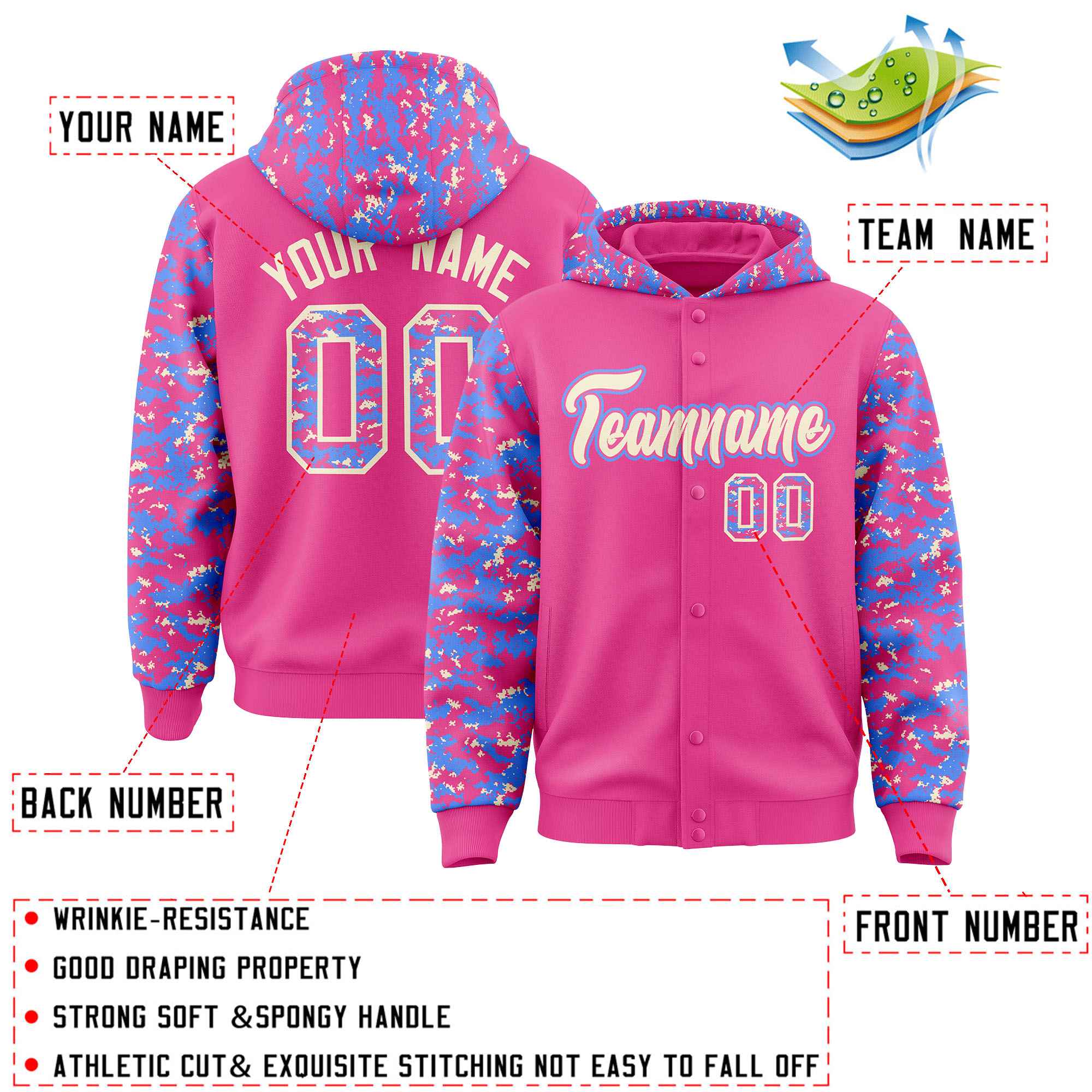 Custom Pink Powder Blue-Cream Raglan Sleeves Varsity Full-Snap Letterman Camo Hoodie Jacket