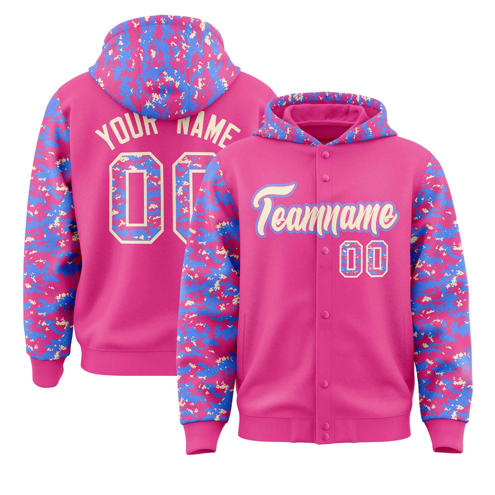 Custom Pink Powder Blue-Cream Raglan Sleeves Varsity Full-Snap Letterman Camo Hoodie Jacket