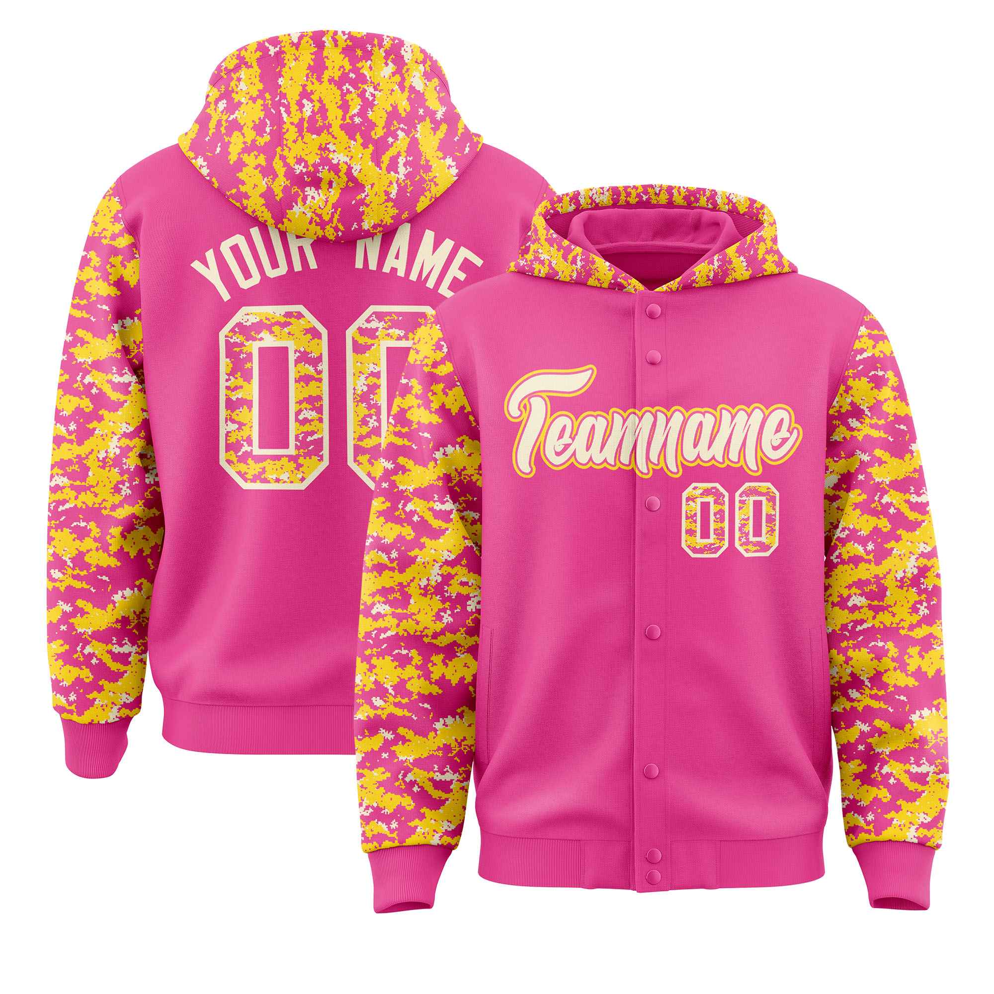 Custom Pink Gold-Cream Raglan Sleeves Varsity Full-Snap Letterman Camo Hoodie Jacket