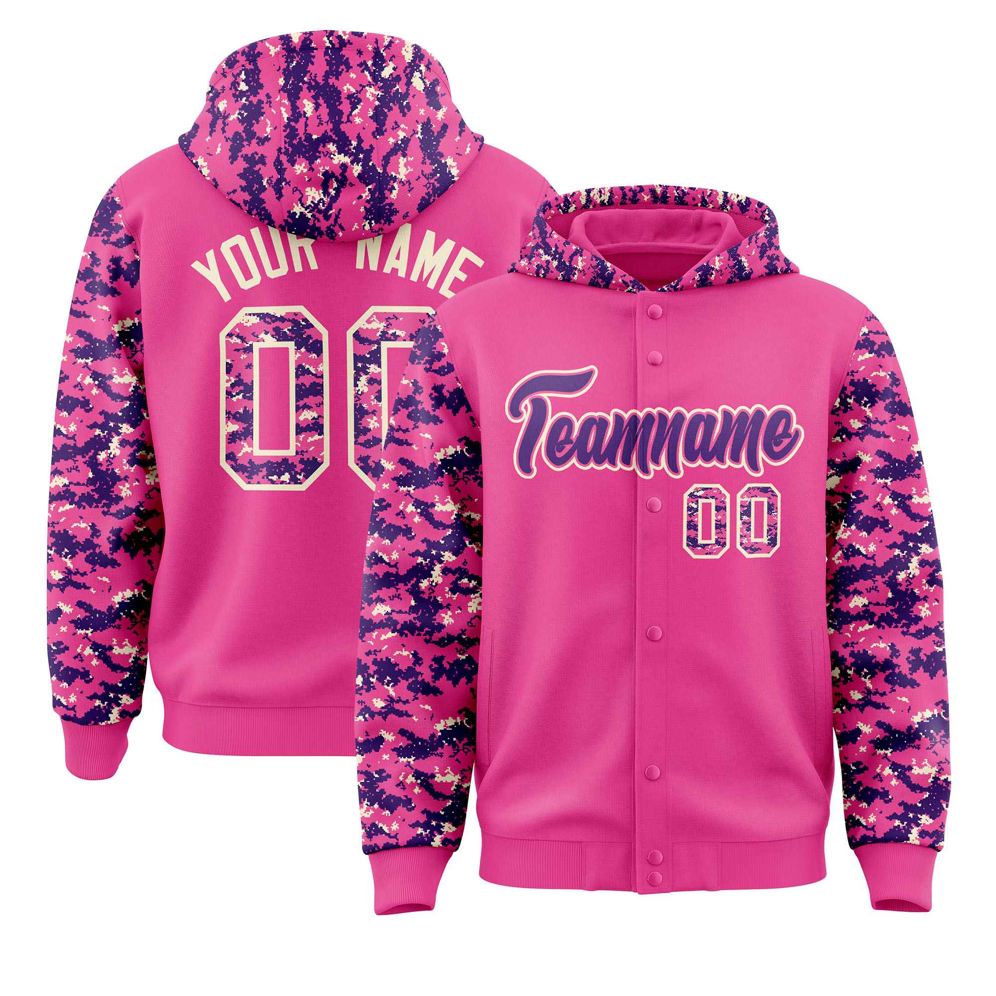 Custom Pink Purple-Cream Raglan Sleeves Varsity Full-Snap Letterman Camo Hoodie Jacket