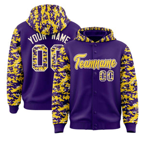 Custom Purple Gold-Cream Raglan Sleeves Varsity Full-Snap Letterman Camo Hoodie Jacket