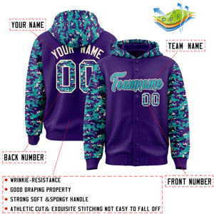 Custom Purple Aqua-Cream Raglan Sleeves Varsity Full-Snap Letterman Camo Hoodie Jacket