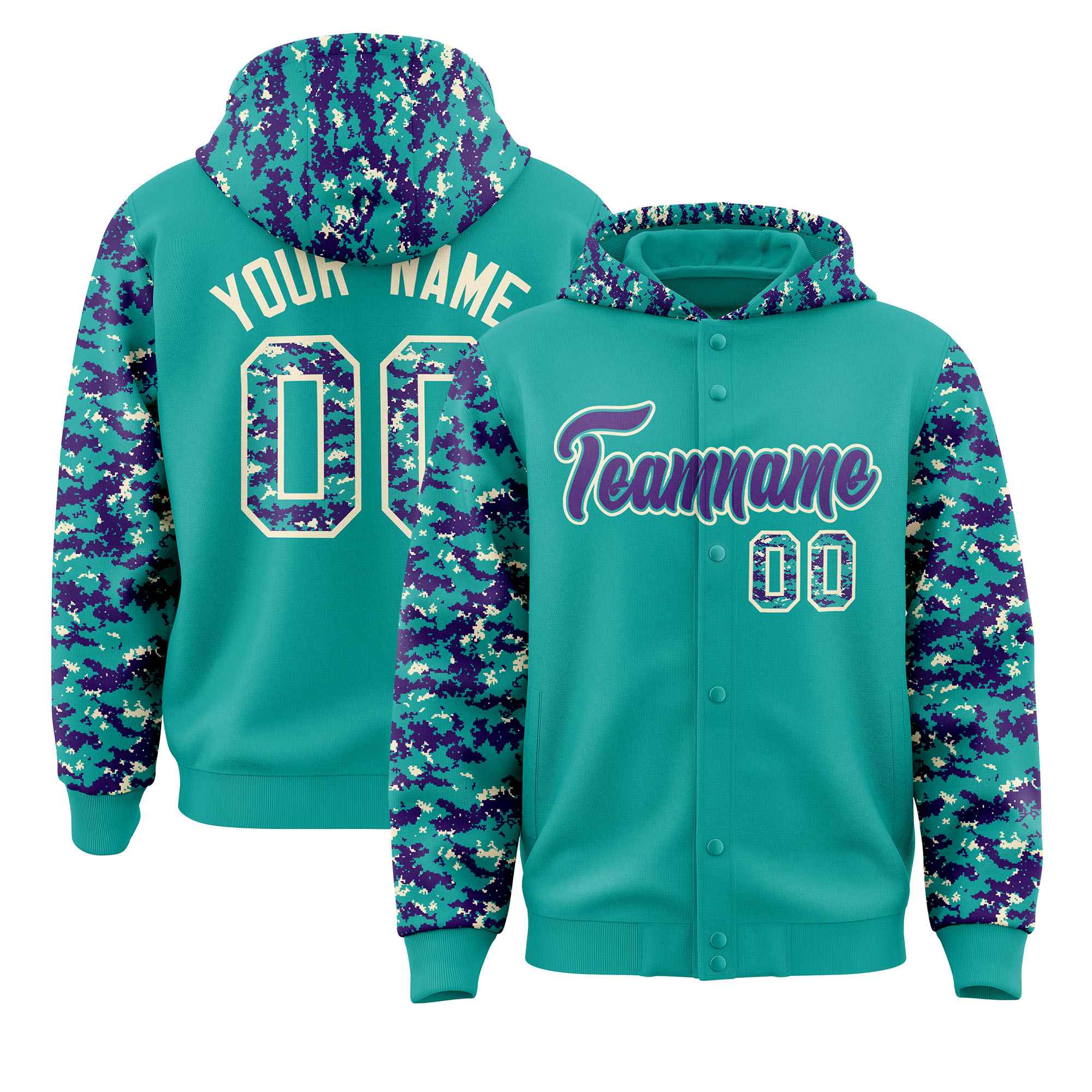 Custom Aqua Purple-Cream Raglan Sleeves Varsity Full-Snap Letterman Camo Hoodie Jacket