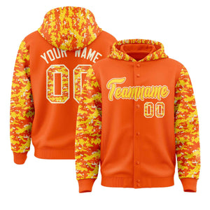 Custom Orange Gold-Cream Raglan Sleeves Varsity Full-Snap Letterman Camo Hoodie Jacket