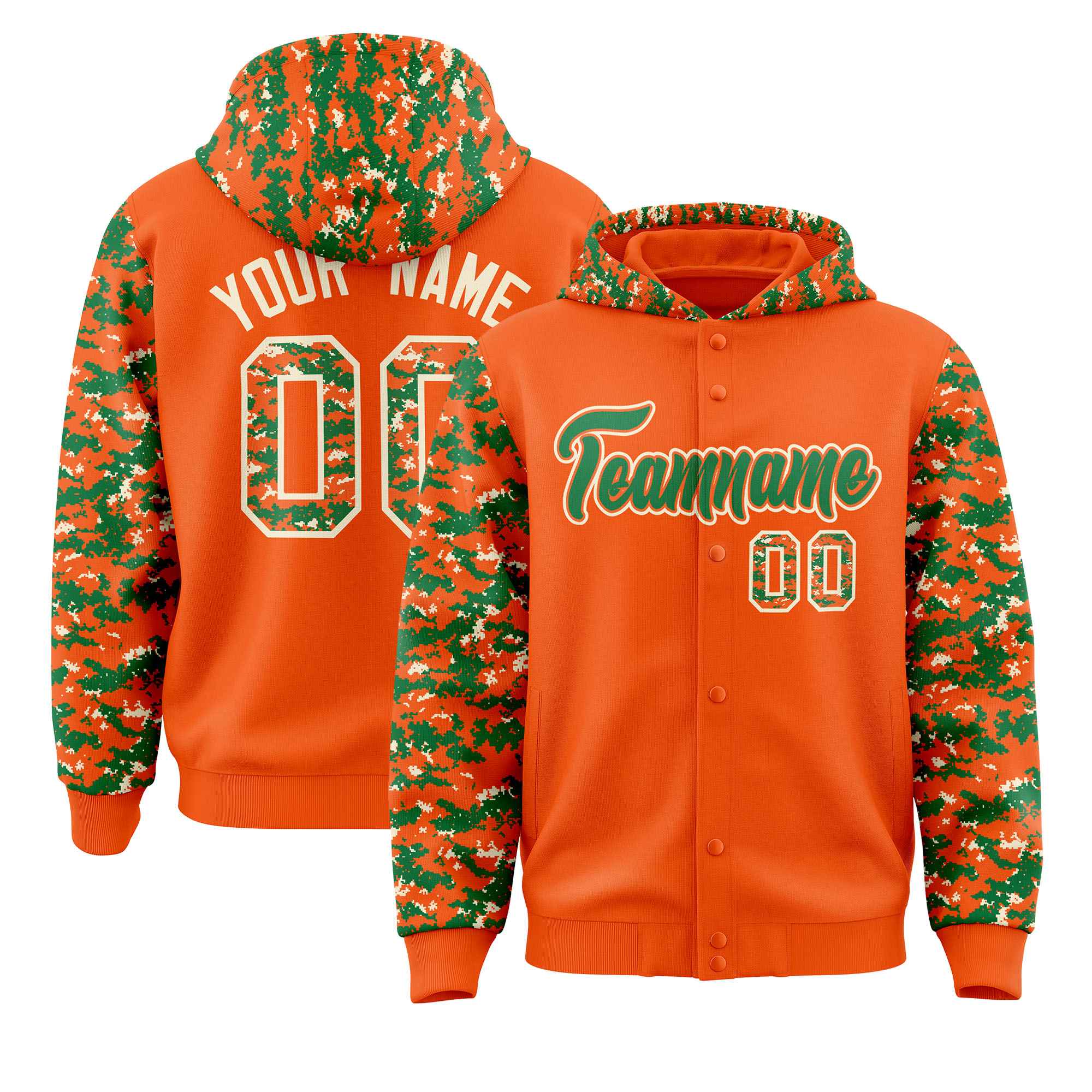 Custom Orange Kelly Green-Cream Raglan Sleeves Varsity Full-Snap Letterman Camo Hoodie Jacket