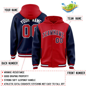 Custom Red Navy Raglan Sleeves Varsity Full-Snap Letterman Two Tone Hoodie Jacket