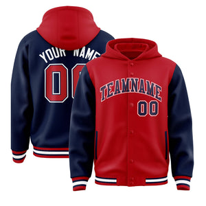 Custom Red Navy Raglan Sleeves Varsity Full-Snap Letterman Two Tone Hoodie Jacket