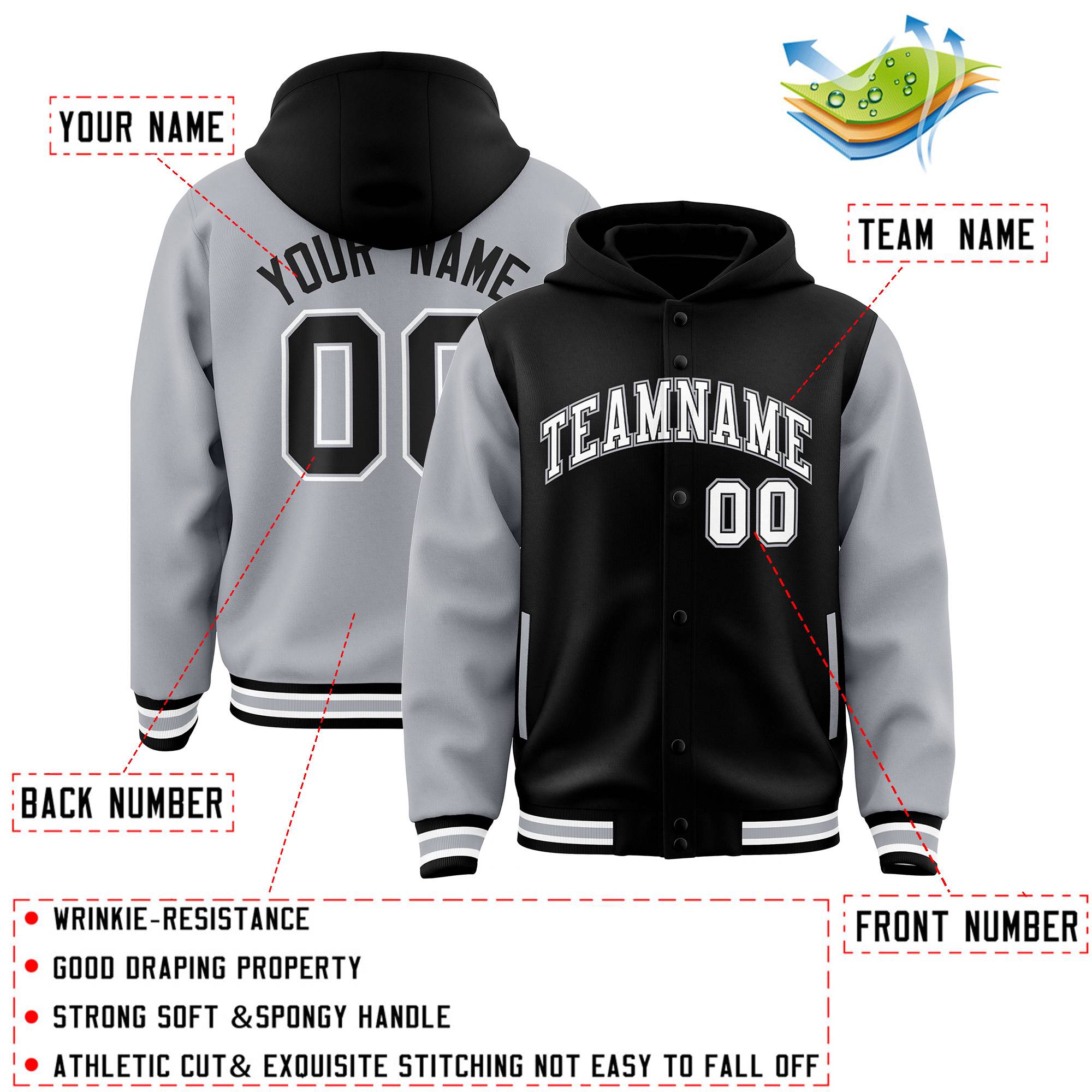 Custom Black Gray Raglan Sleeves Varsity Full-Snap Letterman Two Tone Hoodie Jacket