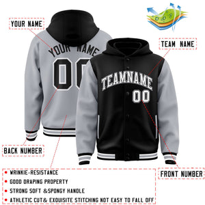 Custom Black Gray Raglan Sleeves Varsity Full-Snap Letterman Two Tone Hoodie Jacket