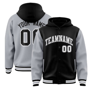 Custom Black Gray Raglan Sleeves Varsity Full-Snap Letterman Two Tone Hoodie Jacket