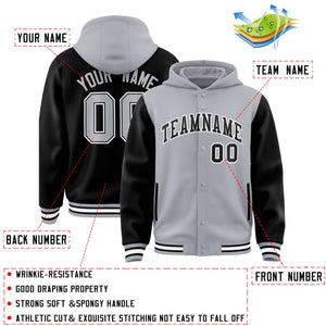 Custom Gray Black Raglan Sleeves Varsity Full-Snap Letterman Two Tone Hoodie Jacket