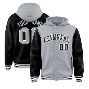 Custom Gray Black Raglan Sleeves Varsity Full-Snap Letterman Two Tone Hoodie Jacket