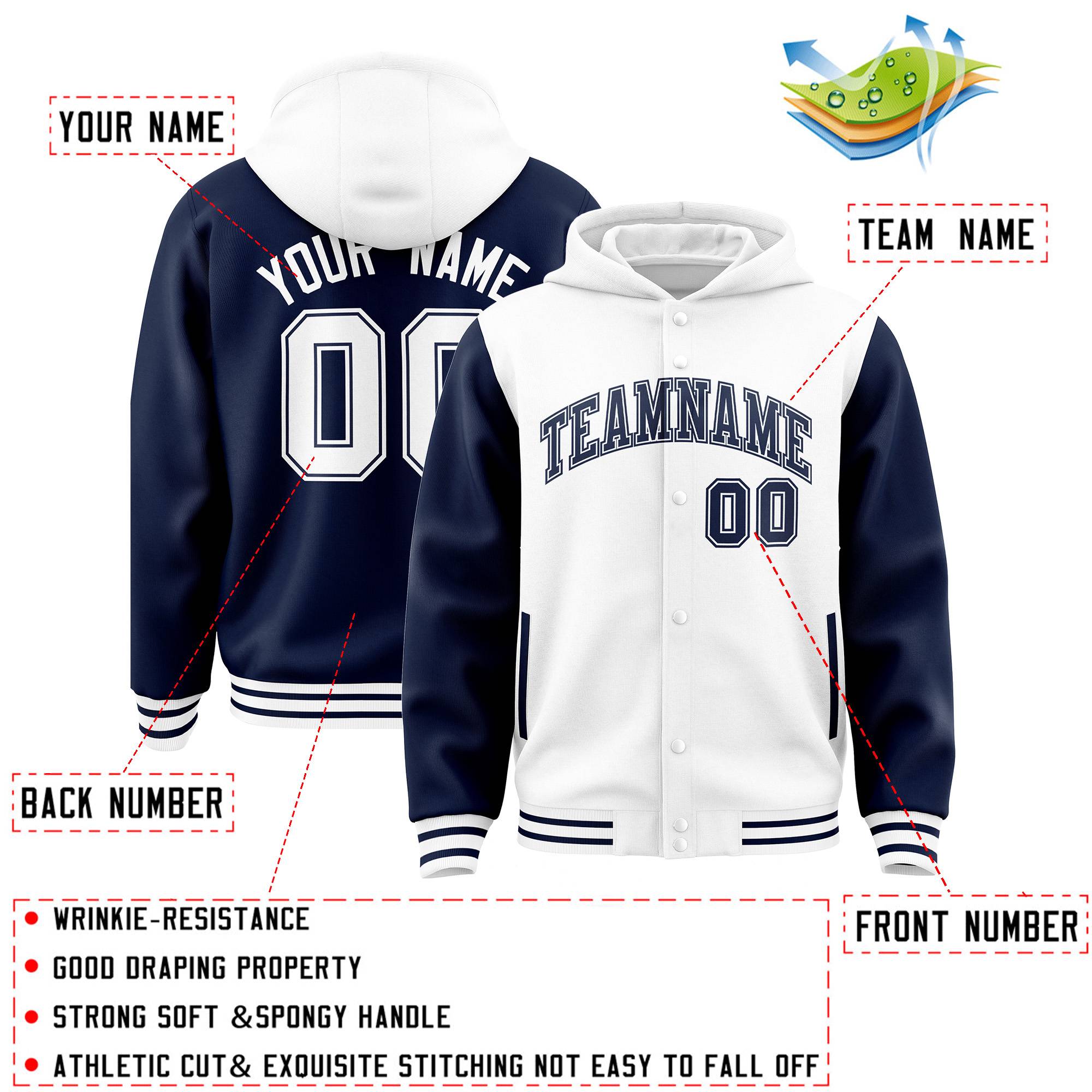 Custom White Navy Raglan Sleeves Varsity Full-Snap Letterman Two Tone Hoodie Jacket