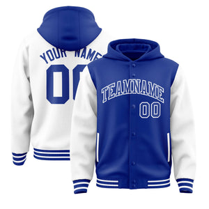 Custom Royal White Raglan Sleeves Varsity Full-Snap Letterman Two Tone Hoodie Jacket