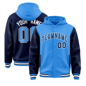 Custom Powder Blue Navy Raglan Sleeves Varsity Full-Snap Letterman Two Tone Hoodie Jacket