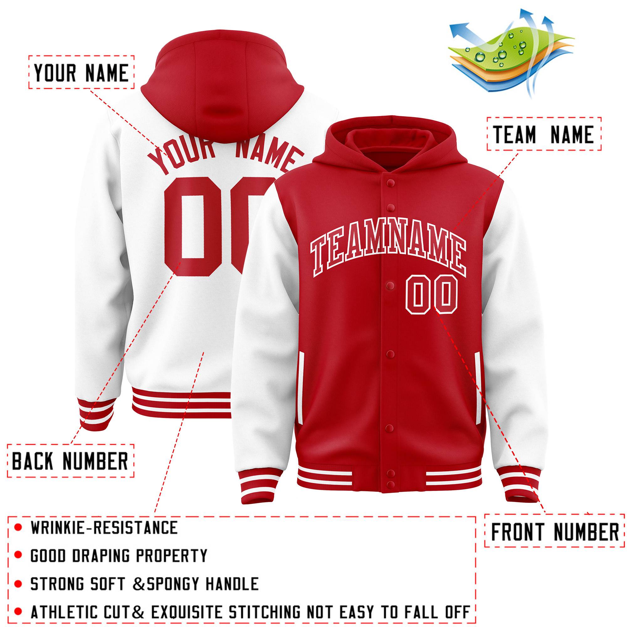 Custom Red White Raglan Sleeves Varsity Full-Snap Letterman Two Tone Hoodie Jacket