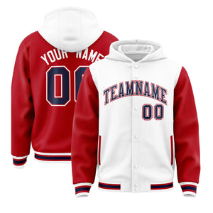 Custom White Red Raglan Sleeves Varsity Full-Snap Letterman Two Tone Hoodie Jacket