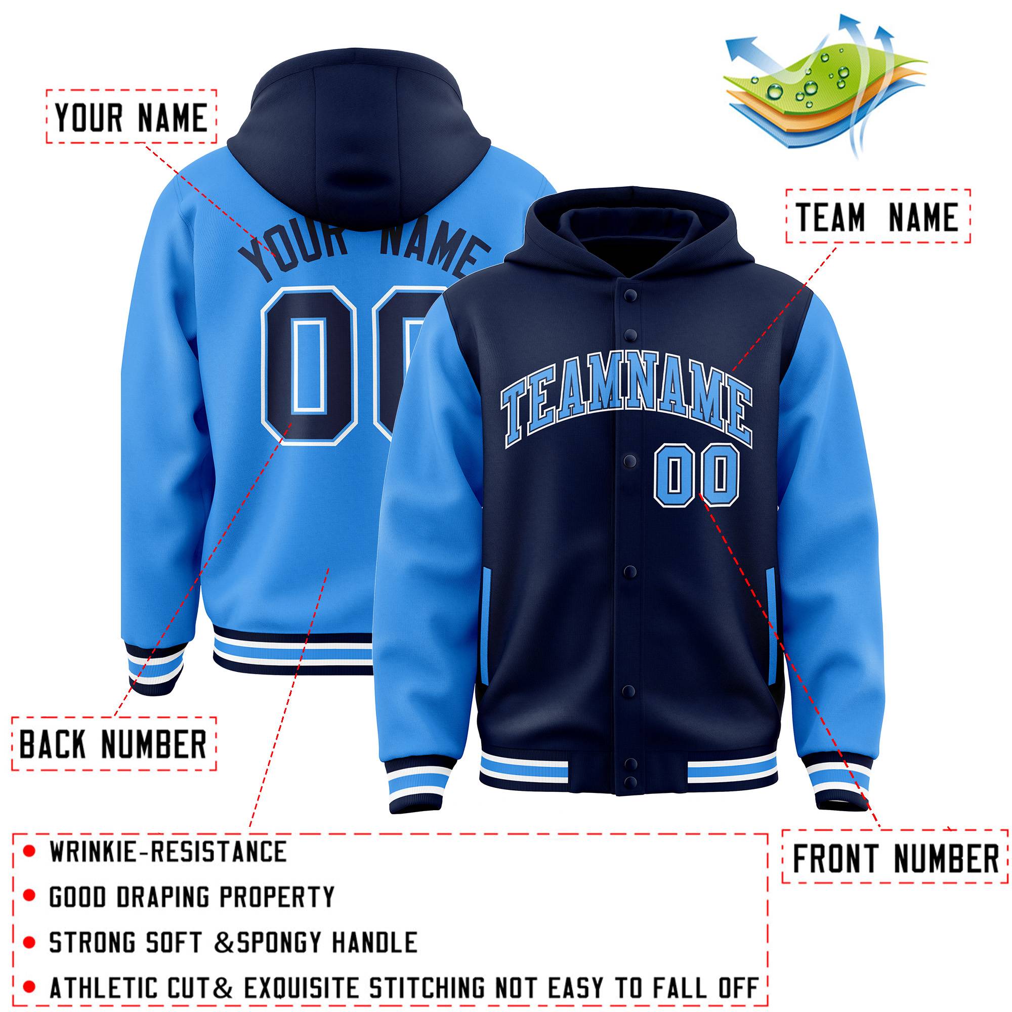 Custom Navy Powder Blue Raglan Sleeves Varsity Full-Snap Letterman Two Tone Hoodie Jacket