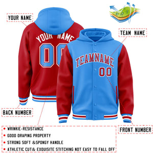 Custom Powder Blue Red Raglan Sleeves Varsity Full-Snap Letterman Two Tone Hoodie Jacket