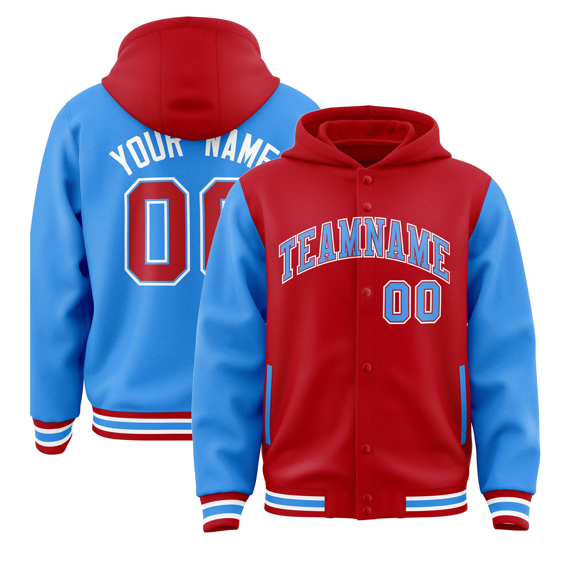 Custom Red Powder Blue Raglan Sleeves Varsity Full-Snap Letterman Two Tone Hoodie Jacket