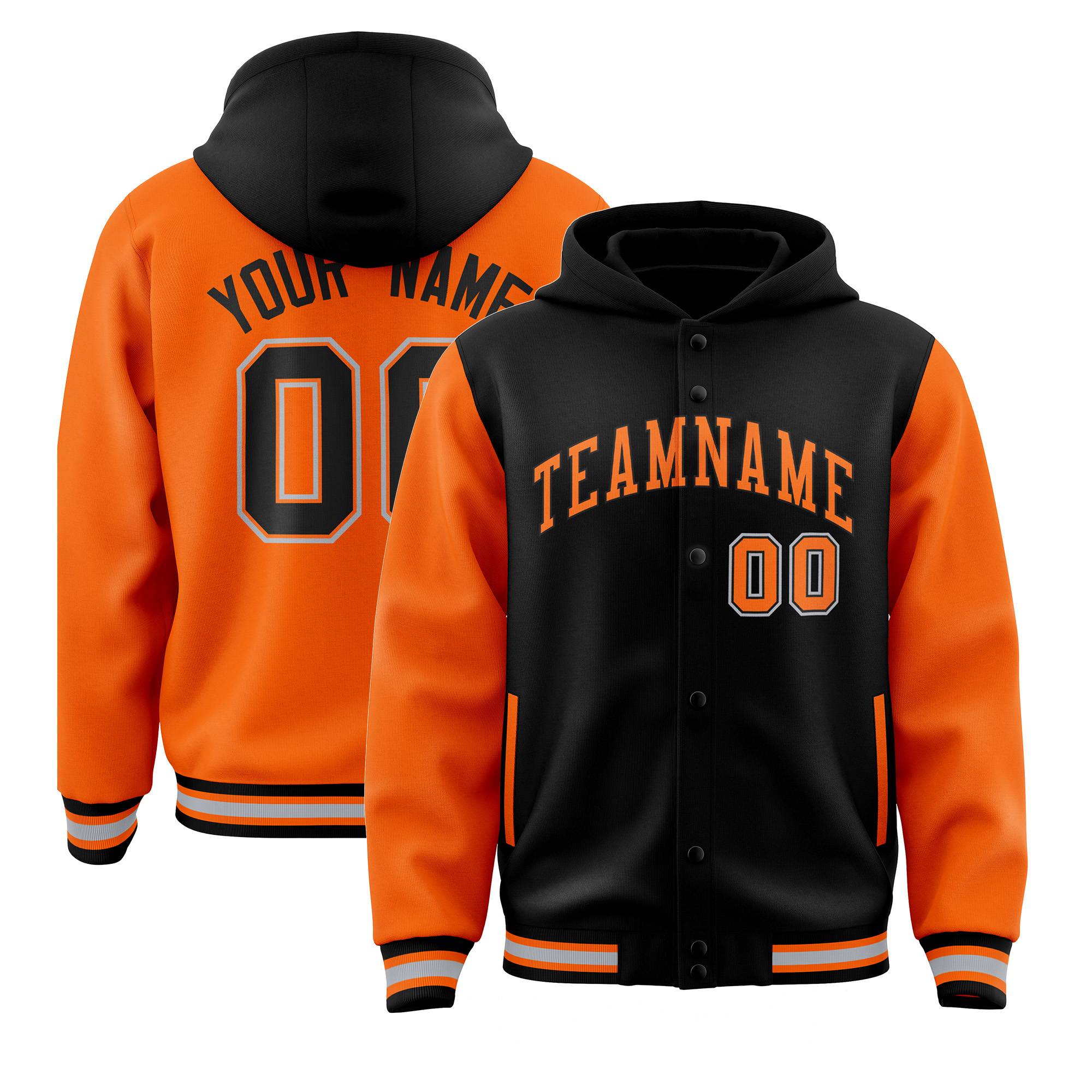 Custom Black Orange Raglan Sleeves Varsity Full-Snap Letterman Two Tone Hoodie Jacket