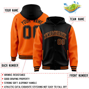 Custom Black Orange Raglan Sleeves Varsity Full-Snap Letterman Two Tone Hoodie Jacket