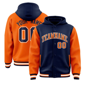 Custom Navy Orange Raglan Sleeves Varsity Full-Snap Letterman Two Tone Hoodie Jacket