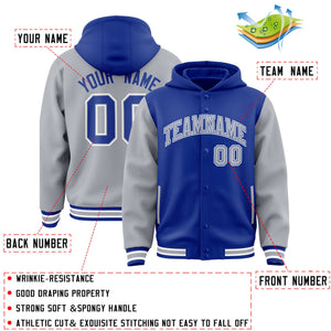 Custom Royal Gray Raglan Sleeves Varsity Full-Snap Letterman Two Tone Hoodie Jacket