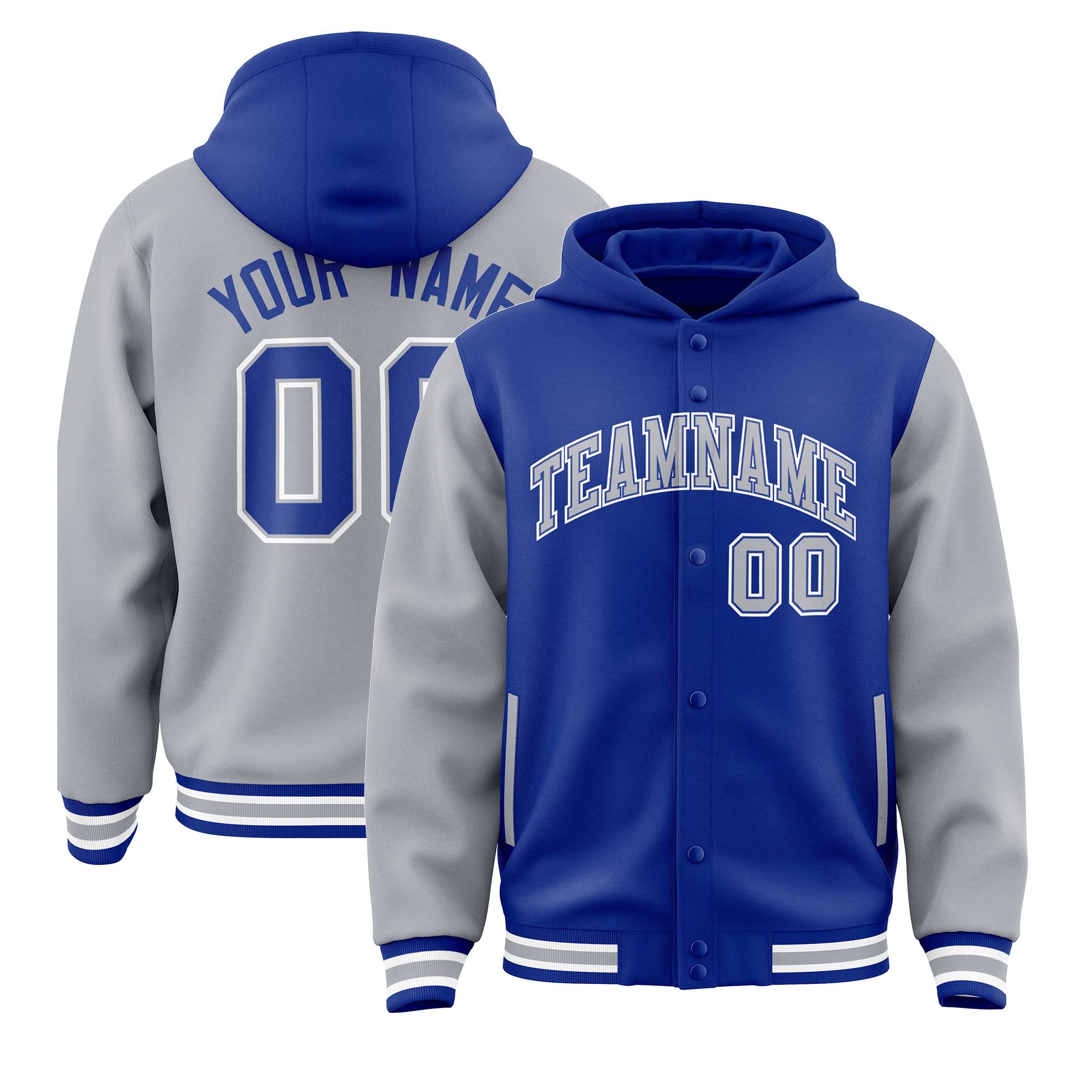 Custom Royal Gray Raglan Sleeves Varsity Full-Snap Letterman Two Tone Hoodie Jacket