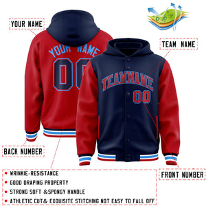 Custom Navy Red Raglan Sleeves Varsity Full-Snap Letterman Two Tone Hoodie Jacket