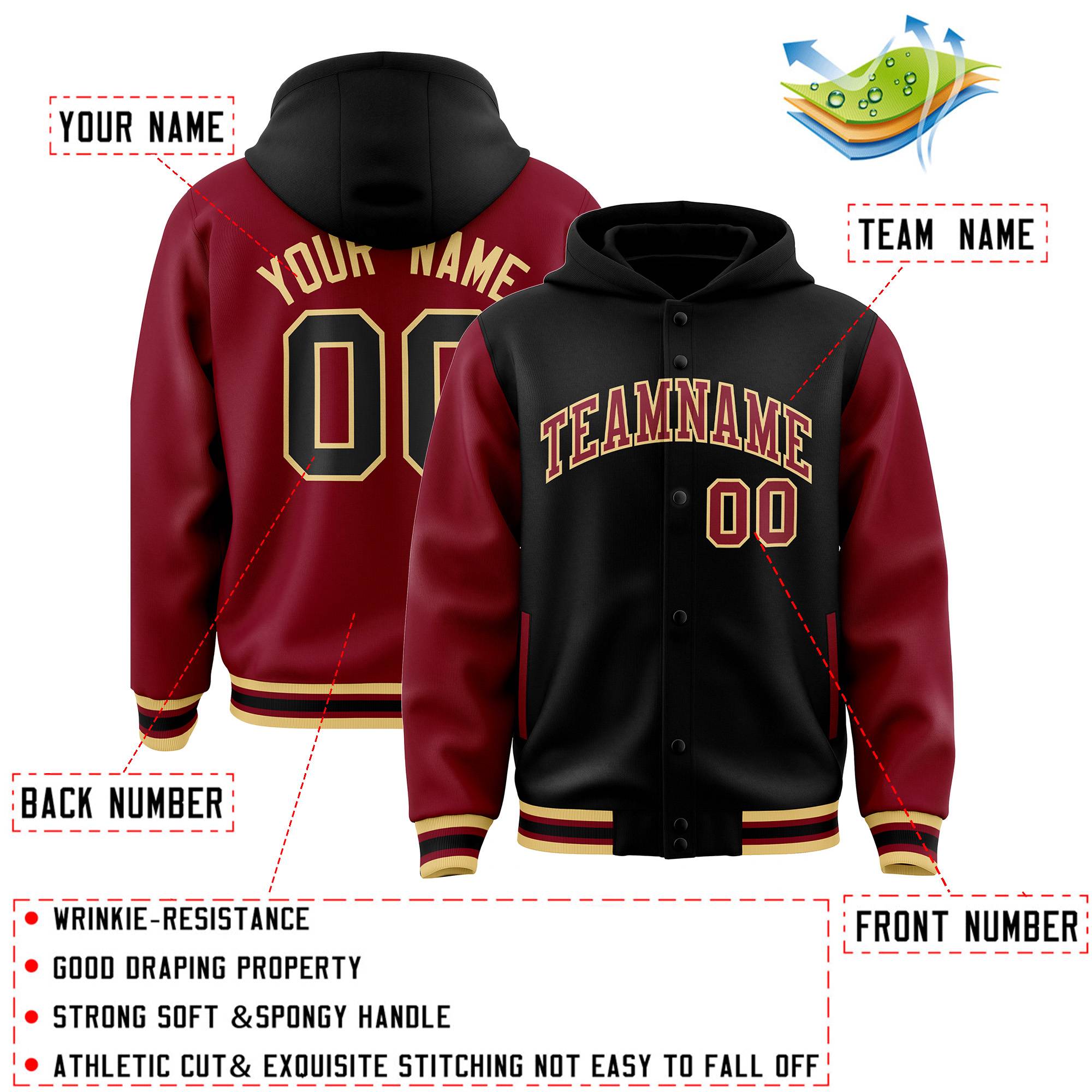 Custom Khaki Crimson Raglan Sleeves Varsity Full-Snap Letterman Two Tone Hoodie Jacket