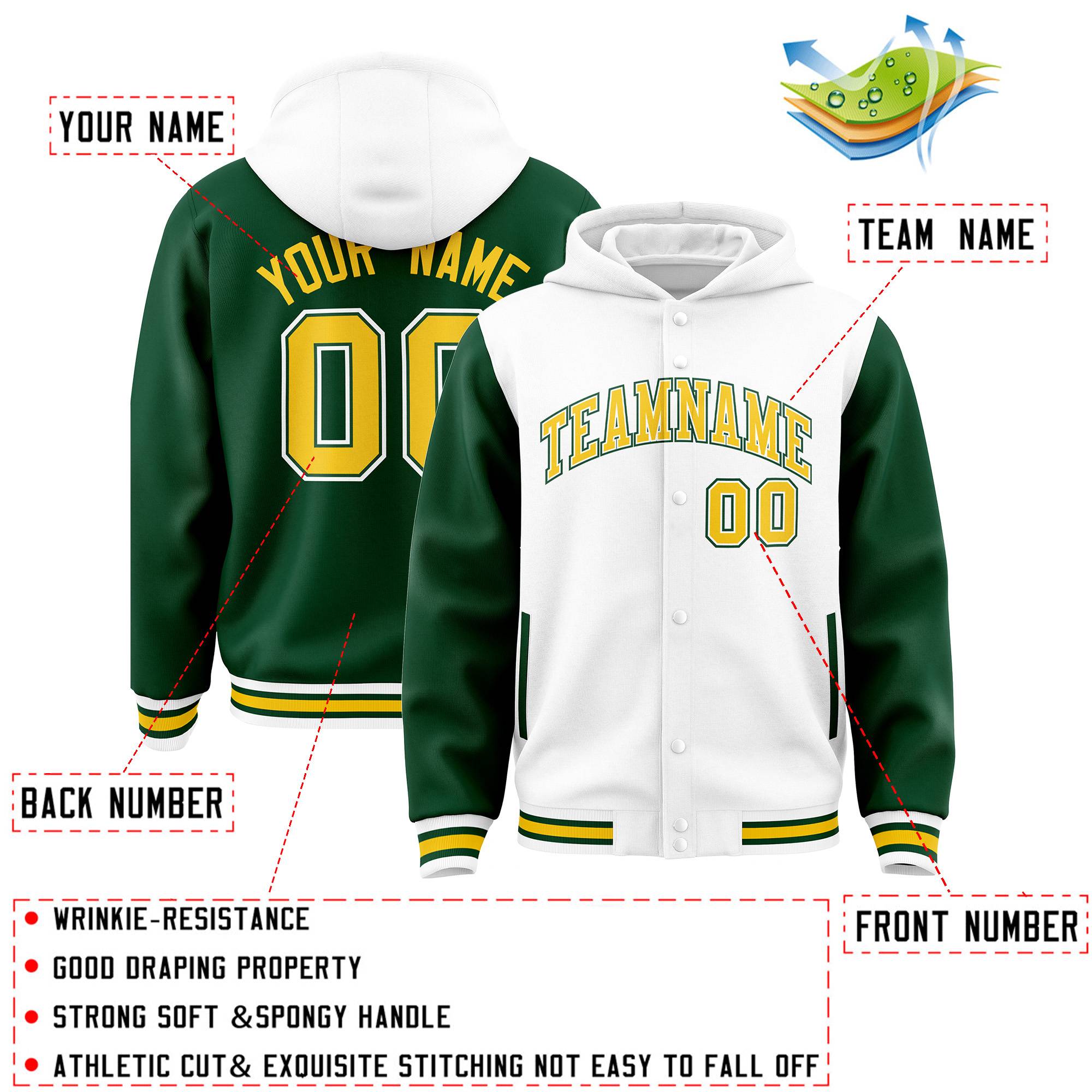 Custom White Green Raglan Sleeves Varsity Full-Snap Letterman Two Tone Hoodie Jacket