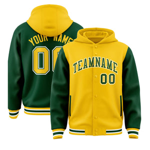 Custom Gold Green Raglan Sleeves Varsity Full-Snap Letterman Two Tone Hoodie Jacket