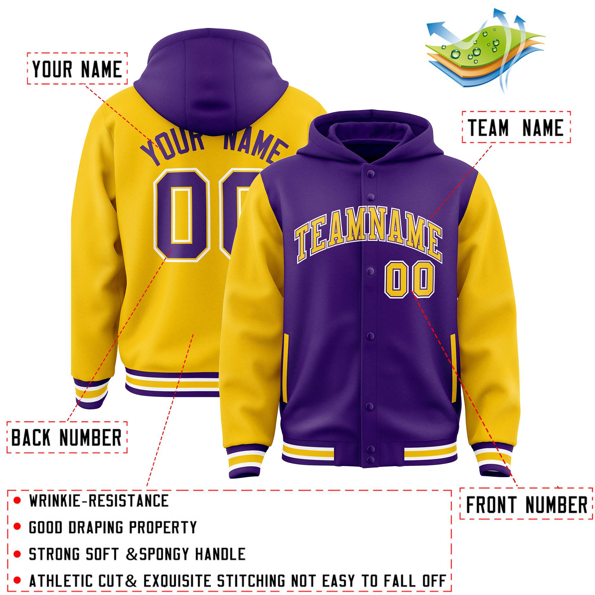 Custom Purple Gold Raglan Sleeves Varsity Full-Snap Letterman Two Tone Hoodie Jacket