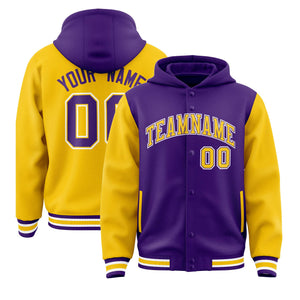 Custom Purple Gold Raglan Sleeves Varsity Full-Snap Letterman Two Tone Hoodie Jacket